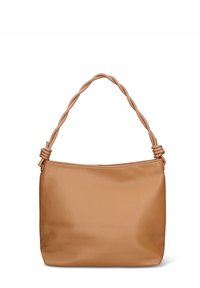 Schoudertas van lichtbruin leer met een gestructureerde afwerking. De gedraaide riem heeft knoopdetails bij de bevestigingspunten. Ritssluiting aan de bovenkant.