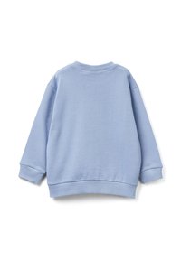 Sudadera de manga larga color azul claro con puños, dobladillo y cuello acanalados, mostrada desde atrás sobre un fondo blanco.