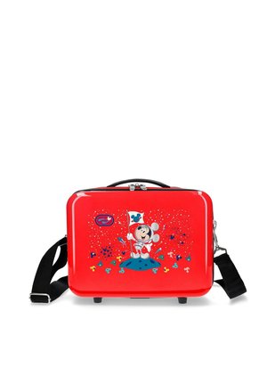 Bolso de hombro rojo de carcasa rígida con Mickey Mouse en traje espacial plantando una bandera, con detalles de confeti colorido en forma de Mickey.