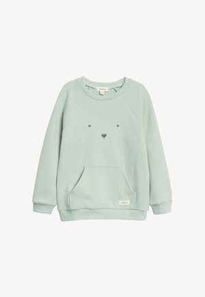 Jasnozielona dziecięca bluza z kapturem, z przednią kieszenią i prostym wzorem twarzy misia na piersi, ściągacze na rękawach i u dołu.