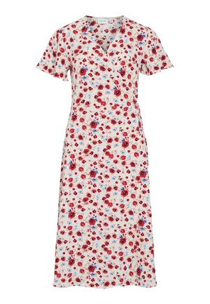 Krém színű átlapolt ruha rövid ujjakkal, piros-kék virágmintával, midi hosszúságú, könnyű anyagból.