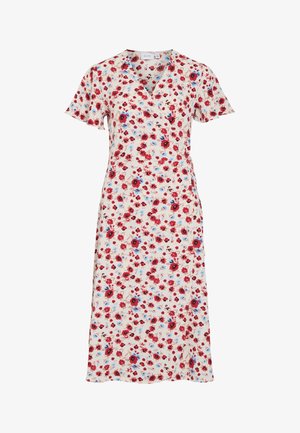 Krém színű átlapolt ruha rövid ujjakkal, piros-kék virágmintával, midi hosszúságú, könnyű anyagból.