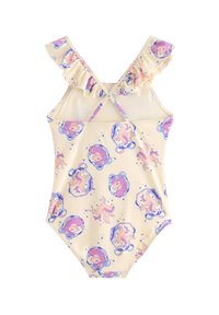 Strój kąpielowy na jasnym żółtym tle, z kolorowym wzorem jednorożca i motywem fantasy. Falbaniaste ramiączka i krzyżujący się tył.