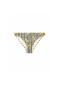 Fekete és krémszínű függőleges csíkokkal díszített bikini alsó, sárga banánmintákkal. Sima anyagból készült, magas szabású dizájnnal, látható varratok nélkül.