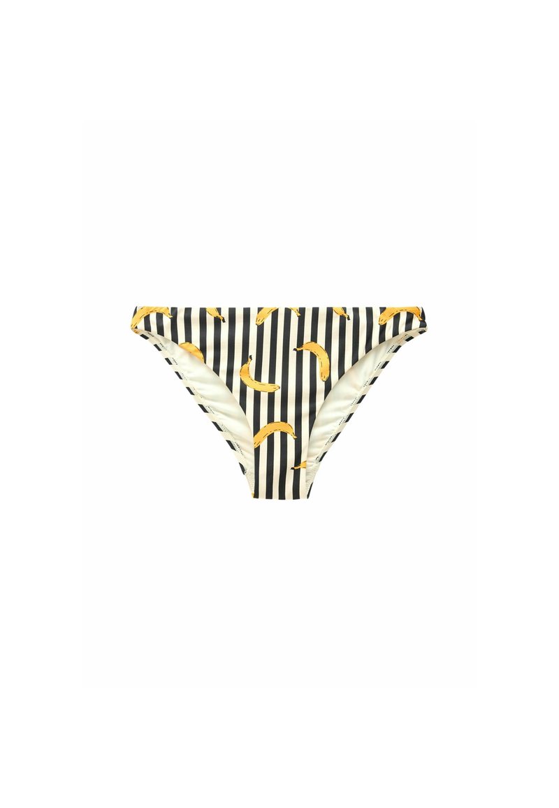 Fekete és krémszínű függőleges csíkokkal díszített bikini alsó, sárga banánmintákkal. Sima anyagból készült, magas szabású dizájnnal, látható varratok nélkül.