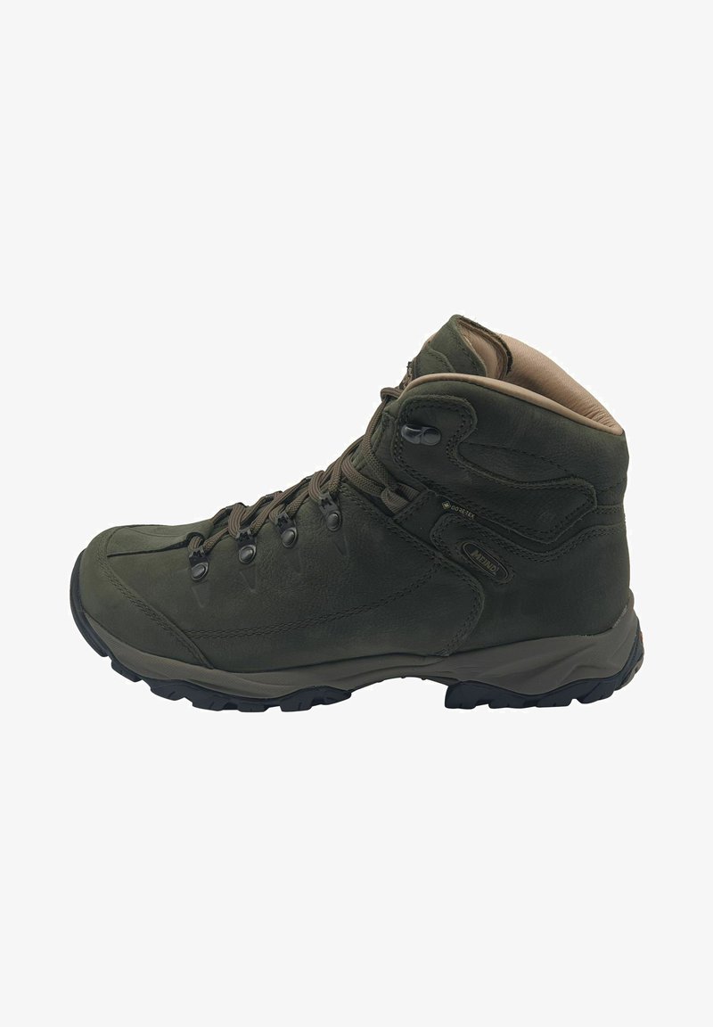 Dunkelgrüner Wanderstiefel aus Leder und synthetischem Material. Verfügt über ein hohes Knöcheldesign, ein robustes Schnürsystem und eine strukturierte Laufsohle.