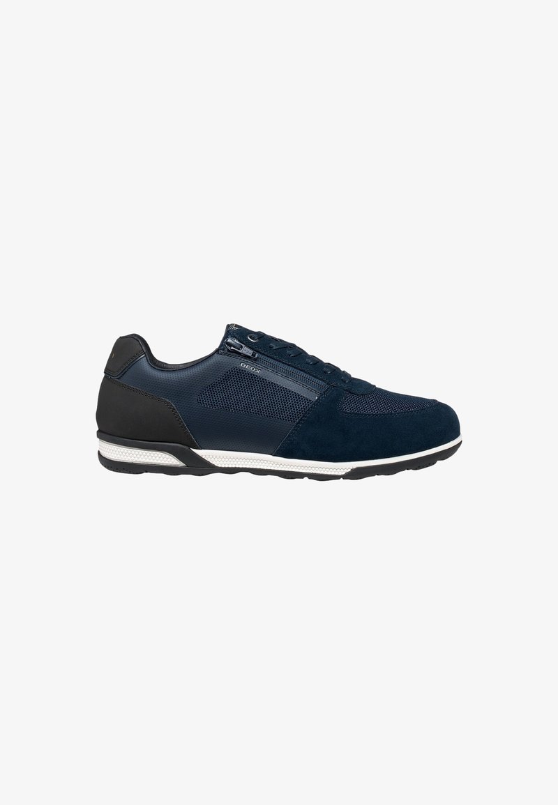 Navy sneaker with mesh and suede materials, featuring a white rubber sole, lace-up design, and grey accents near the heel and tongue.