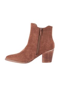 Stivali alla caviglia in suede marrone con punta affusolata, dotati di due cerniere laterali e un tacco impilato con dettagli di texture sottili.