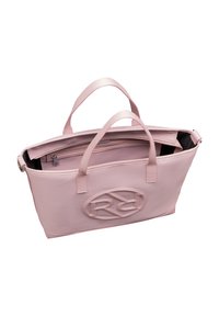 Pink leather tote bag with dual handles, an embossed logo, and a zippered compartment inside. Smooth texture, rectangular shape.