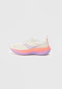 Lightweight running shoe featuring a white breathable upper, purple and pink gradient midsole, textured sole, and contrasting orange pull tab.