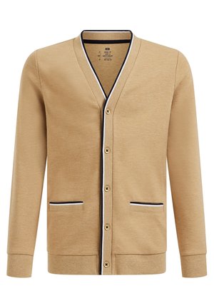 Cardigan beige a costine con bordo nero e bianco, cinque bottoni, scollo a V, maniche lunghe e due tasche frontali.