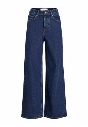 Τζιν από σκουρόχρωμο μπλε denim με ψηλή μέση, φαρδύ πόδι, μπροστινές τσέπες, θηλιές για ζώνη και κούμπωμα με κουμπί στη μέση.