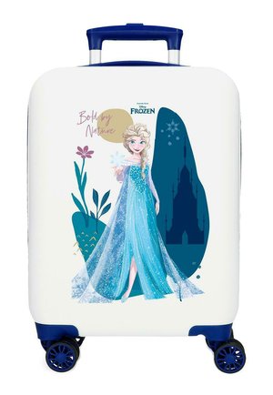 Maleta blanca con asa y ruedas azules que presenta a Elsa de Frozen con un vestido azul brillante sosteniendo un copo de nieve, con un fondo de silueta de castillo.