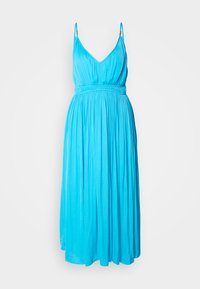 Sleeveless, deep V-neck dress in bright turquoise fabric. Features an elastic waist and flowing skirt with a smooth texture.