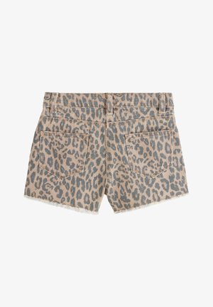 Jeans kratke hlače z leopardjim potiskom v svetlo bež in sivi barvi, z dvema zadnjima žepoma in rahlo spranim robom na izrezih nogavic.