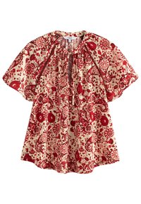 Bloes met korte mouwen in een bloemenpatroon, voorzien van een rood en crèmekleurig paisleypatroon, gathering bij de halslijn en een losse pasvorm. Zachte stoftextuur.