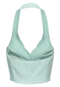 Mátově zelený crop top na zavazování za krk s hlubokým V výstřihem a výřezovými detaily po stranách, vyrobený z hladké látky se strukturovaným designem.