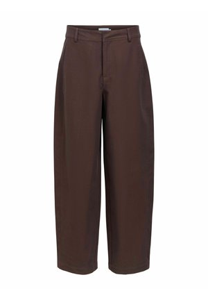 Egyenes szárú, sötétbarna nadrág övbemenetekkel, elülső cipzárral és klasszikus, szabott fazonban.