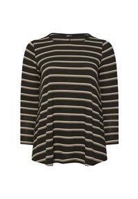 Top negro de manga larga con rayas cremosas horizontales, textura acanalada, escote redondo y corte holgado.