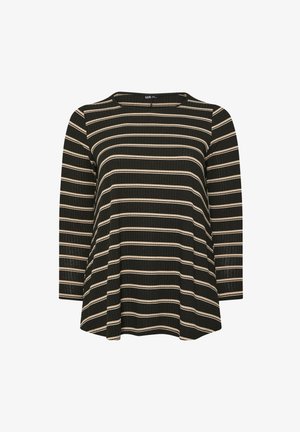 Zwart langemouwtop met horizontale crèmekleurige strepen, geribbelde textuur, ronde halslijn en een relaxte pasvorm.