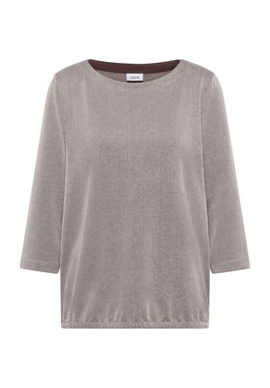 Beżowo-biała, drobno prążkowana bluzka z długim rękawem i okrągłym dekoltem, z elastycznym dołem i metką marki przy szyi.