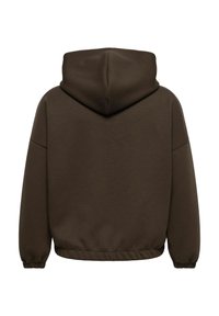 Dark brown hooded sweatshirt with long sleeves, elasticated cuffs, and hem, shown from the back on a white background.