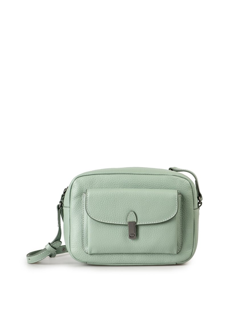 Borsa a tracolla in pelle verde menta con superficie texturizzata, chiusura con zip e tasca anteriore con pattina. Caratterizzata da tracolla regolabile e accenti metallici.