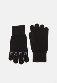 Guantes de punto negros con puños acanalados. Los dedos están completamente cubiertos, con letras blancas en las puntas. Textura suave, diseño ligero.