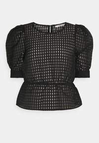 Blusa nera a scacchi con maniche a sbuffo, collo rotondo e vita stretta. Realizzata in materiale trasparente con un motivo a rete.
