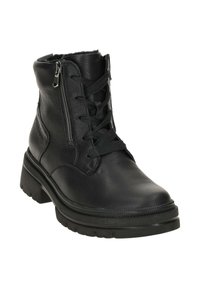 Schwarze Leder-Ankle-Boots mit runder Zehenform, Schnürverschluss auf der Vorderseite und seitlichem Reißverschluss. Mit einer strukturierten Oberfläche und einer gummierten Sohle mit Grip.