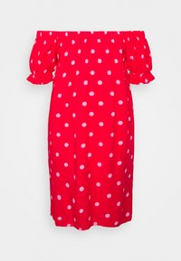 Vestido vermelho sem alças com mangas bufantes, com grandes bolinhas brancas, feito de um tecido leve e com um corte descontraído.