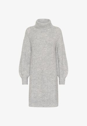 Hellgraues gestricktes Pulloverkleid mit Rollkragen und Ballonärmeln, das ein strukturiertes Zopfmuster an der Vorderseite aufweist.