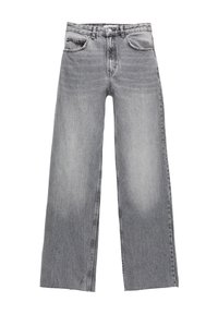 Šedé široké džíny vyrobené z denimu. Mají přední zip se dvěma knoflíky, pět kapes a jemné blednutí po celém látkovém povrchu.