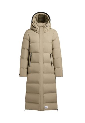 Beige padded long coat with a high collar and drawstring hood. Features zippered side pockets and a straight fit, with visible stitching.