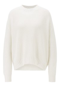 Weißer gestrickter Pullover mit strukturiertem Muster, Rundhalsauschnitt und Rippenbund sowie -manchetten. Lockere Passform, lange Ärmel, weicher Stoff.