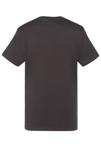 Camiseta de manga corta en gris oscuro, hecha de tela de algodón. Diseño sencillo con cuello redondo sin patrones ni adornos, textura suave.