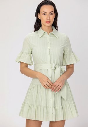 Robe boutonnee vert clair avec de courtes manches volantes, une taille ceinturée et une jupe évasée, ornée de rayures verticales et d'une texture douce.