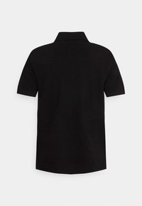 Black short-sleeve polo shirt featuring a classic collar and a straight hem, made from soft fabric with a smooth texture.
