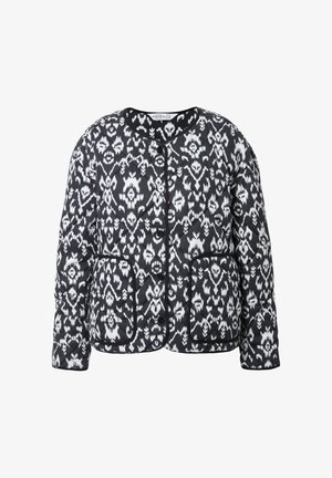 Quilted jacket with a black and white abstract pattern, featuring rounded neckline, front pockets, and button closure. Textured fabric.