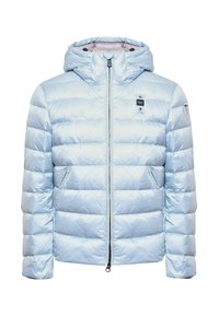 Giacca a vento imbottita di colore azzurro chiaro con cappuccio, design trapuntato, chiusura con zip frontale e due tasche laterali. Presenta un logo sul petto e sulla spalla.