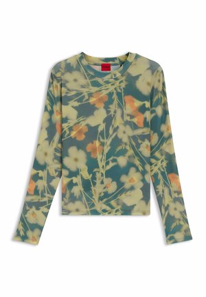 Long-sleeve floral top featuring a blue-green base with white and orange flower designs. Made of lightweight, smooth fabric. Red brand tag on collar.