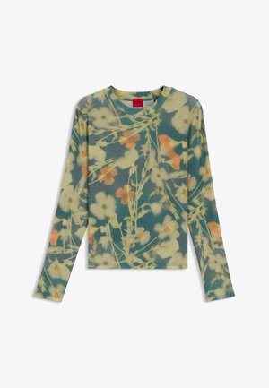 Long-sleeve floral top featuring a blue-green base with white and orange flower designs. Made of lightweight, smooth fabric. Red brand tag on collar.