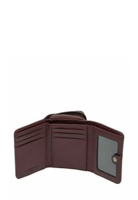 Portfel z bordowej skóry z zamkiem błyskawicznym; posiada wiele przegródek na karty, przezroczyste okienko na dowód tożsamości oraz gładkie wnętrze.