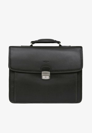 Black leather briefcase with a structured design, featuring a silver metal clasp and stitched detailing along the edges. Compact and professional.