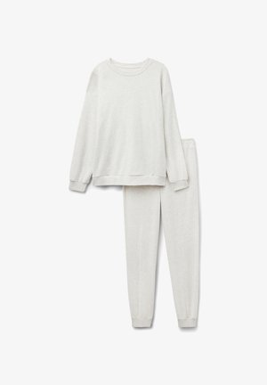 Hellgrauer, langärmeliger Sweatshirt und passende, schmal zulaufende Hose. Weicher, strukturierter Stoff mit gerippten Bündchen und Bund, minimale Nähte.