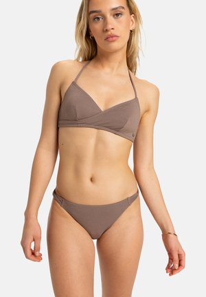 Brown bikini set featuring a textured triangle top with adjustable straps and matching low-rise bottoms. Simple and minimalistic design.