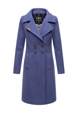 Manteau long violet en mélange de laine, à double boutonnage, avec larges revers, quatre boutons, poches latérales et doublure intérieure à motif.