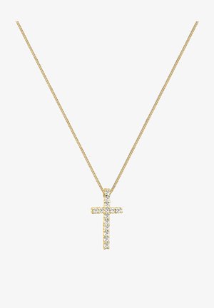 Ogrlica od zlatne boje sa lančićem koji sadrži privjesak u obliku križa ukrašenog prozirnim kristalima. Lančić ima teksturirani dizajn, a privjesak je složen s blistavim detaljima.