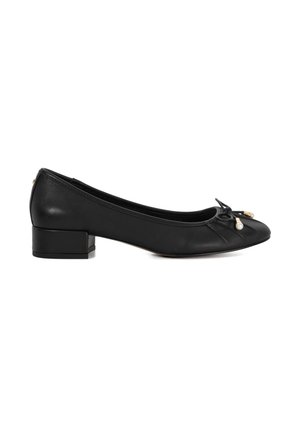 Black leather ballet flats featuring a rounded toe, gathered texture at the front, and a small block heel with a decorative bow detail.