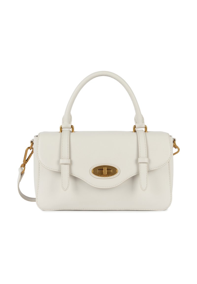 Borsa in pelle bianca con una forma strutturata, hardware dorato e una tracolla rimovibile. Presenta una chiusura a pattina con un fermaglio ovale metallizzato.
